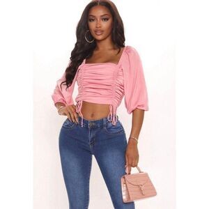 Fashion Nova NWT Barbie Dainty Coquette Pink Ruched Smock Back Crop Top Blouse